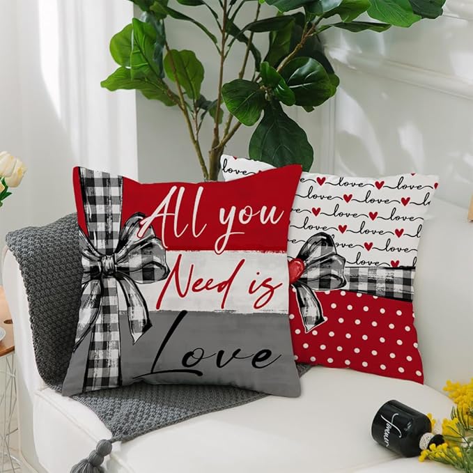 GEEORY Valentine's Day Pillow Covers 18 x 18 Inch Set of 4, Valentines Decor Polka Dots Red Hearts Love Bowknot Decorative Pillowcases for Home Sofa Couch Cushion Decoration G442-18