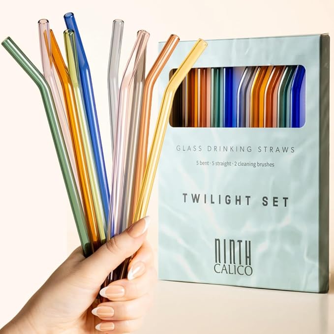10 Pcs Reusable Glass Drinking Straws, Colorful and Durable Glass Straws for Beverages, Smoothies, Iced Coffee, Matcha, Juice, Set of 10-5 Straight, 5 Bent, 2 Cleaning Brushes - (Twilight Set)