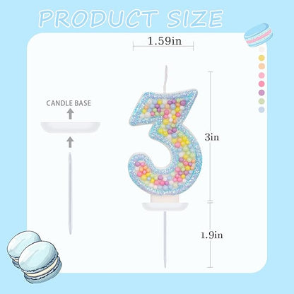 Birthday Candles - Number 3 Candle, Colorful Macaron Candles for Boys/Girls, Blue Cake Decorations, Theme Party Supplies
