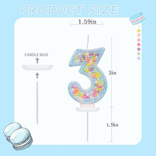 Birthday Candles - Number 3 Candle, Colorful Macaron Candles for Boys/Girls, Blue Cake Decorations, Theme Party Supplies