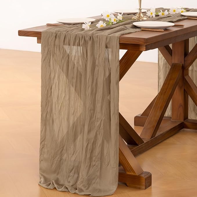 Socomi 3pcs Nude Brown Cheesecloth Table Runner Fall Thanksgiving Boho Rustic Gauze 120 inch 10FT Cheese Cloth Runner for Wedding Party Baby Shower Birthday Home Decor Holiday Decorations