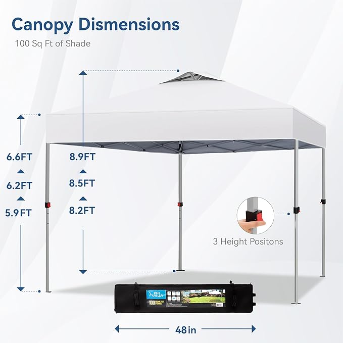 PHI VILLA Outdoor Pop up Canopy 10'x10' Tent Camping Sun Shelter-Series Party Tent, 100 Sq. Ft of Shade (White)