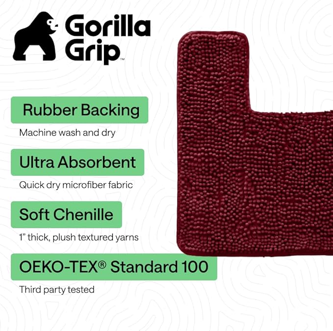 GORILLA GRIP Bathroom Rug Sets, Soft Chenille 2 Piece Area Rugs Set, Toilet Base Mat and 30x20 Carpet, Absorbent Microfiber Washable Mats Dry Quickly, Home Décor and Bath Room Accessories, Burgundy