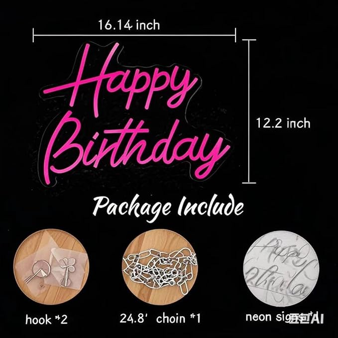 Happy Birthday Neon Sign for Wall Decor, Led Signs with Dimmable Switch, USB Powered Happy Birthday Backdrop Light Up Signs for Party Decorations, 16.1"x12.2" Pink