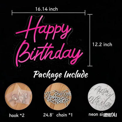 Happy Birthday Neon Sign for Wall Decor, Led Signs with Dimmable Switch, USB Powered Happy Birthday Backdrop Light Up Signs for Party Decorations, 16.1"x12.2" Pink