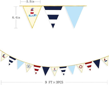 Navy Red Beige Gold Glitter Stamping Paper Pennant Banner Flag Triangle Bunting for Nautical Pirate Ahoy Achor Theme Birthday Baby Shower Wedding Let's Get Nauti Bachelorette Party Decoration Supplies