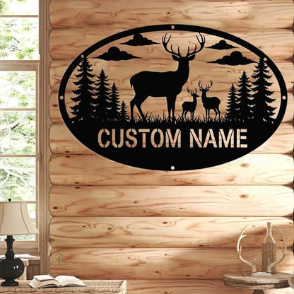 Personalized Deer Metal Sign,Custom Oval Hunting Scene Wall Art with Family Deer and Trees,Rustic Cabin Lodge Outdoor Decor, Farmhouse Name Plaque, Gift for Hunters, Men, Dad, Anniversary
