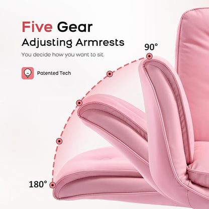 Criss Cross Chair with Armrests & Wheels, PU Leather Vanity Chair, Comfortable Adjustable Swivel Computer Office Desk Chairs for Home, Make Up, Bed Room (Pink)