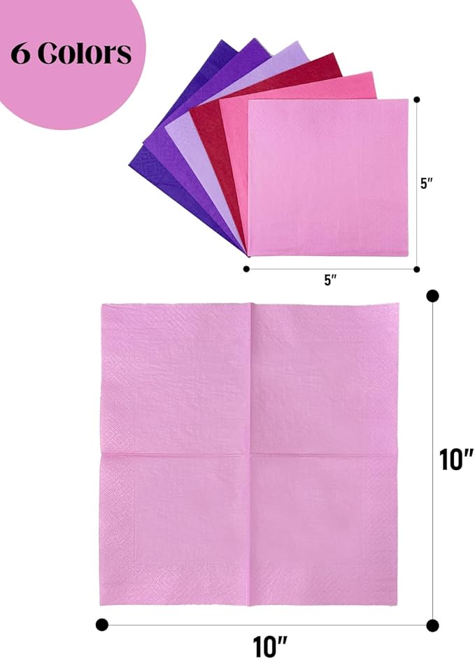 PinkPurple Cocktail Napkins 6 colors 5 * 5inch disposable Beverage Napkin paper for Cocktail, Wedding, Dinner，Brithday Party Dessert Wine Paper Napkins（ 120 Count）
