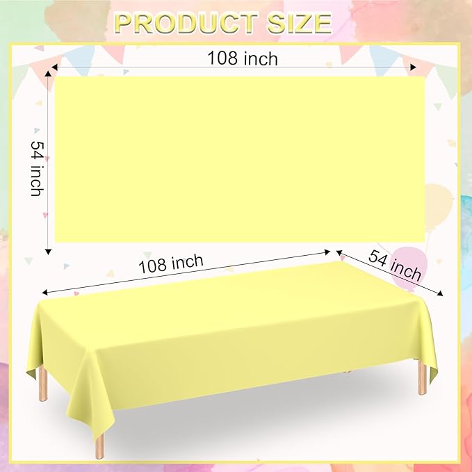WNINK 6 Pack Light Yellow Rectangular Plastic Tablecloths, Yellow Disposable Table Covers 54" x 108" for Birthday, Bridal Shower, Engagement Wedding, Picnic Parties and 8 ft Table Use