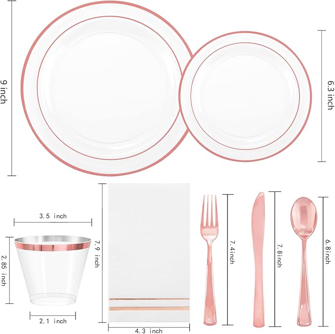 GATHER 350PCS Rose Gold Plastic Plates - Disposable Rose Gold Dinnerware Includes 100 Clear Rose Golds Rimmed Plastic Plates, 150 Silverware, 50 Napkins, 50 Cups for Party, Wedding