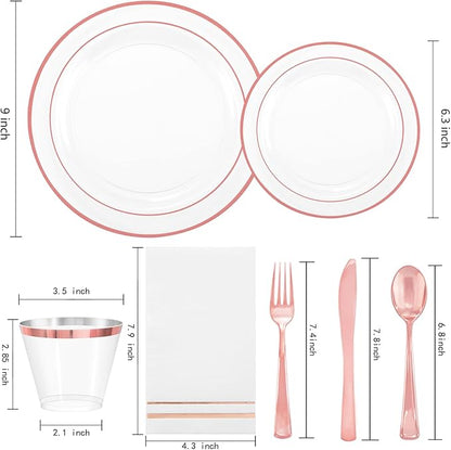 GATHER 350PCS Rose Gold Plastic Plates - Disposable Rose Gold Dinnerware Includes 100 Clear Rose Golds Rimmed Plastic Plates, 150 Silverware, 50 Napkins, 50 Cups for Party, Wedding