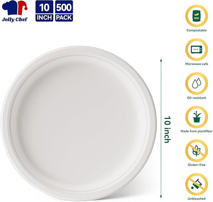 JOLLY CHEF Compostable Heavy Duty Plates 𝟭𝟬 𝗜𝗻𝗰𝗵 [𝟱𝟬𝟬 𝗣𝗮𝗰𝗸] Eco-Friendly Disposable White Paper Plates Made of Bagasse Biodegradable Bulk for Party Dinner Sugarcane Lunch Christmas