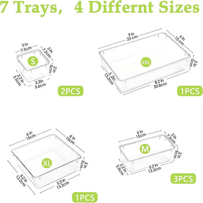 Clear Acrylic Drawer Organizer Trays, 5 Size Junk Box Organization Small Storage Container Bin for Desk Makeup Bathroom Vanity Kitchen Tool Make Up Workspace Home Dorm Apartment Office Room Nightstand