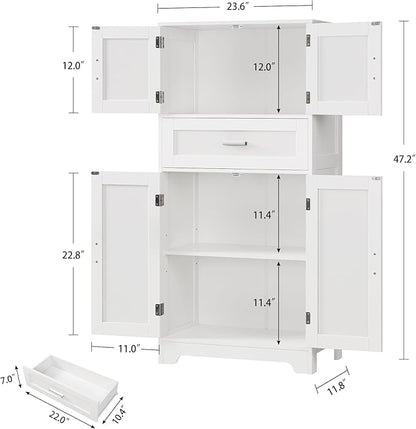 TEENFON Bathroom Storage Cabinet with Adjustable Shelf & Large Drawer, Tall Storage Cabinet with 4 Doors, Kitchen Pantry Storage Cabinets, for Living Room, Dining Room, Home Office, Entryway, White