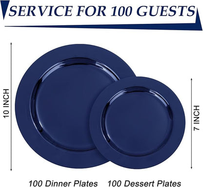 FLOWERCAT 200PCS Navy Blue Plastic Plates Disposable Plates for Party - Heavy Duty Plastic Plates - 10" &7" Plate for 100 Guests Hanukkah Parties and New Year Events