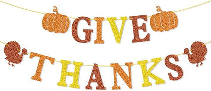 Give Thanks Banner for Thanksgiving Party Fall Thanksgiving Decorations, Outdoor Home Office Classroom Hanging, Decor Gold Orange Yellow Glitter