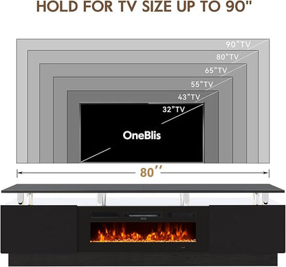 80" TV Stand for Living Room, Large Entertainment Center & Media Console, Fits TVs up to 90", Storage Cabinet with Shelves, 36" Electric Fireplace (All Black)