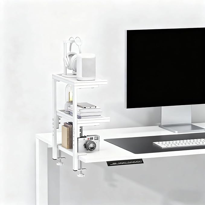 Spacrea clamp on Desk Shelf, 2 Tier Office Desk Shelves Organizer, Wood Desktop Supplies Storage Rack, Desk Organizers and Accessories (White)