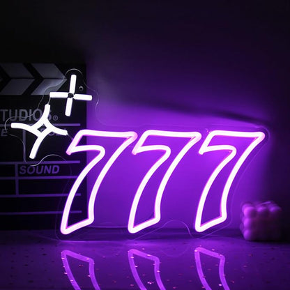 Purple 777 Neon Sign Angel Number Neon Lights Signs Lucky Number Seven LED Neon Signs for Wall Decor White Star Neon Wall Sign 777 Light Up Sign for Bedroom Dorm Birthday Party Y2k Room Decor