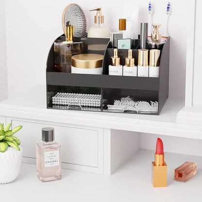 Makeup Organizer with Drawers, Cosmetic Storage for Dresser Vanity and Bathroom Countertop, Beauty Holder for Lipstick Brush, Skincare Organizer for Vanity, Cosmetic Display Case (Black)