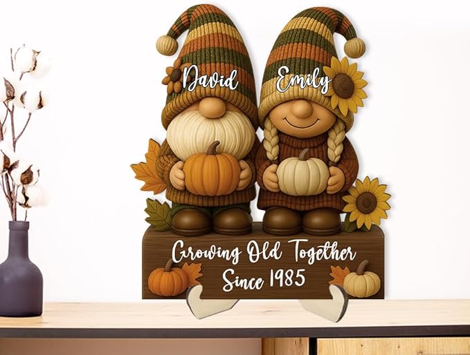 Autumn Growing Old Together Gnomes Wooden Sign, Gifts for Him Her Wife Husband, Custom Wood Plaque Anniversary Couples Gift, Valentine Christmas Gift For Parents, Grandparents Decorations Sign 33