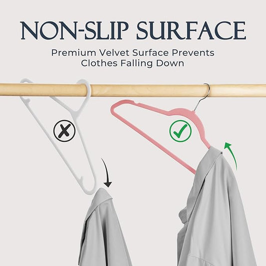 HOUSE DAY Lt Pink Velvet Hangers 60 Pack, Non Slip Clothes Felt Hanger Heavy Duty for Coat, Premium Slim Space Saving Suit Hangers for Closet Organizer, 360° Rotating Silver Hook