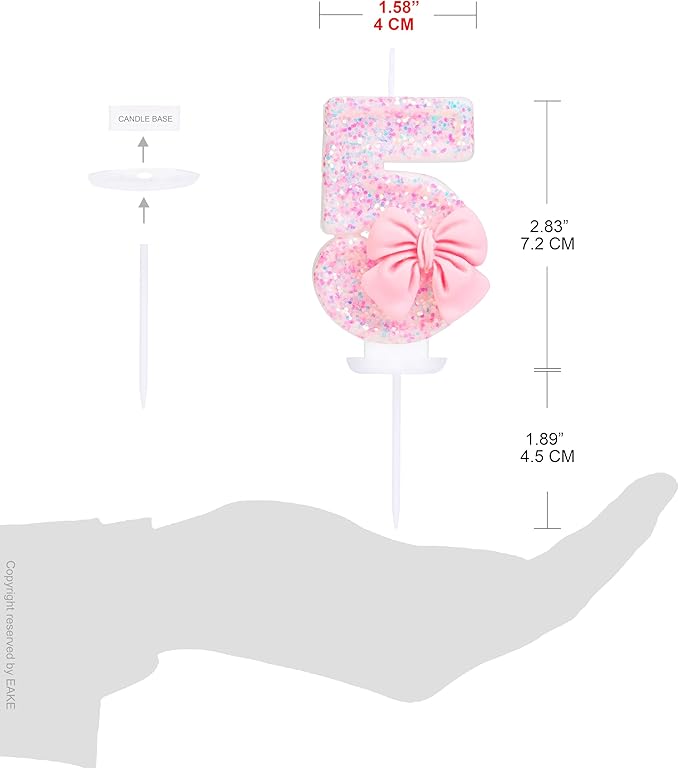 Number 5 Candle with Pink Sequins and Bowtie, Pink 5 Cake Topper Decoration for Girls Pastel Sweet Theme Birthday Party or Adults Milestone Age