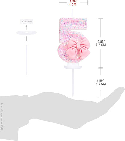 Number 5 Candle with Pink Sequins and Bowtie, Pink 5 Cake Topper Decoration for Girls Pastel Sweet Theme Birthday Party or Adults Milestone Age