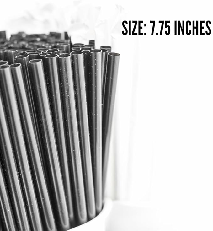 7.75" Jumbo Black Plastic Unwrapped Straw (500Pcs) | Disposable Drink Straws for Restaurants, Cafés, Bars, and Catering | Hygienic, Sturdy, and Convenient