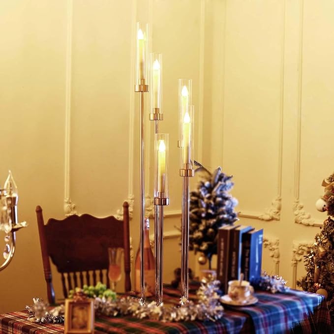 42.5in Gold Candelabra Centerpieces for Tables Candlestick Holders Decor Wedding Centerpiece Table Decorations 5 arm Candle Holder Set of 8 Acrylic lampshade Fit 0.9" LED Candle