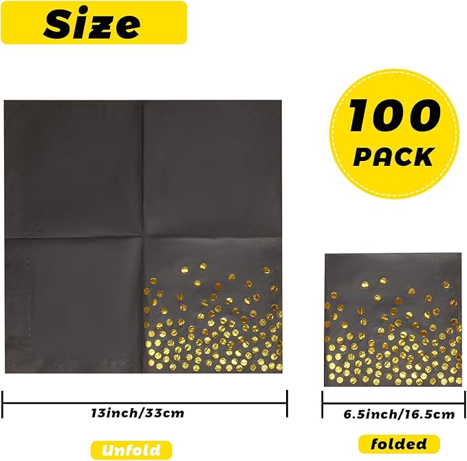 100 Pcs 6.5x6.5 Inch Disposable Black Gold Dot Paper Napkins