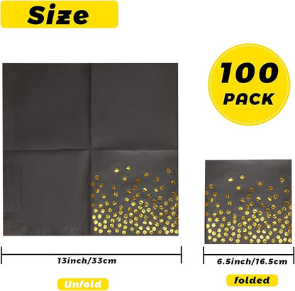 100 Pcs 6.5x6.5 Inch Disposable Black Gold Dot Paper Napkins