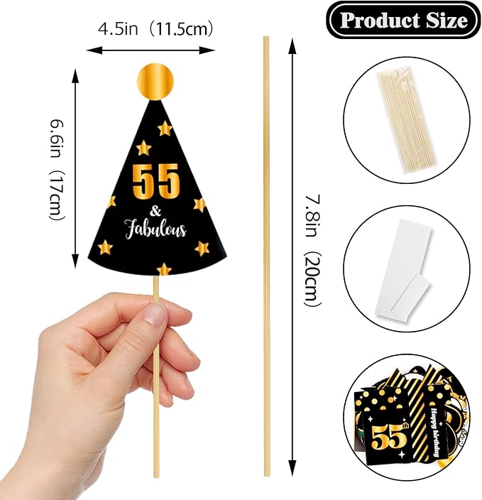LINGTEER Happy 55th Birthday Party Photo Booth Props, Cheers to 55th Birthday, 36pcs Paper Photo Booth Props, Gold Color, Letter Print Pattern