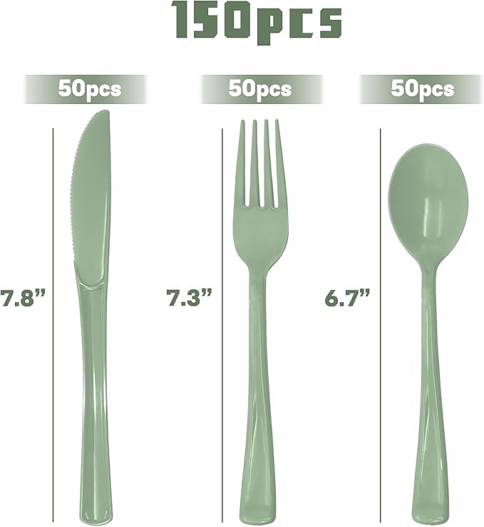 150 PCS Sage Green Plastic Silverware Heavy Duty Green Silverware Disposable Include 50 Disposable Plastic Forks, 50 Knives, 50 Spoons for Birthday, Baby Shower, Picnic, Spring Party, Wedding