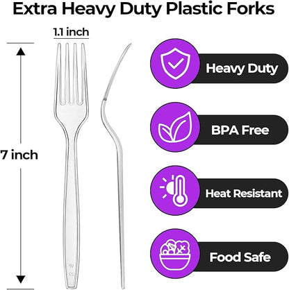 [100 Count] Heavy Duty Clear Plastic Forks Disposable Plastic Fork Bulk Utensils Reusable Cutlery Set Thick Plasticware Silverware for Party,Every Day Use,Picnic,Camping,Wedding,Barbecues