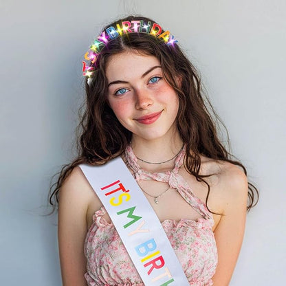Its My Birthday Headband and Sash Light Up Crown Led Birthday Accessories Sets for Women
