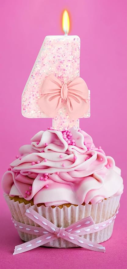 Birthday Candle for Cake, 4 Candle - Pink Glitter with Bowknot, 2.76 inch Happy Birthday Candle, Cake Topper Decoration for 4 Years Old Birthday Party (Number 4)