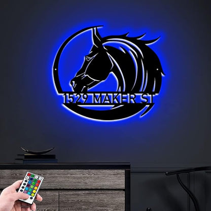 Personalized Name Horse Lamp Custom Wooden/Metal Horse Night Light Horse Wall Art LED Horse Light Farmhouse House Sign Horse Themed Gifts for Girl Birthday Christmas(Horse Address Light)