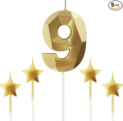 Golden Number 9 2.76 inch 3D Diamond Shaped Birthday Candles for Parties and Cake Decorations