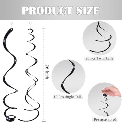 30 pcs Black Hanging Swirls Decorations Swirl Party Decorations Plastic Party Streamer for Ceiling, 26"