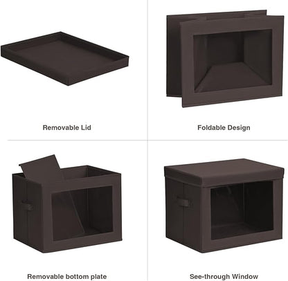 Stackable Storage Bins with Lids - Large Storage Box with Lids, Foldable Closet Boxes for Organizing, Wardrobe Clothes Organizer with Window, Cubes Bins for Living Room, 3 Pack, Brown