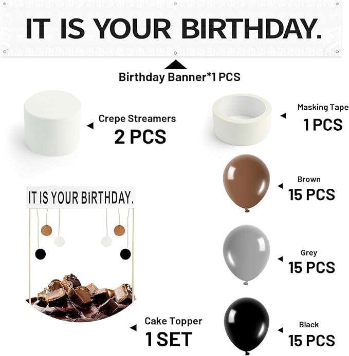 The Office Birthday Decorations with It Is Your Banner, Cake Topper, 50Pcs Office Merch, 12Inches Grey Brown Black Balloons Packs for colleagues Boss Birthday Party Decorations (50)