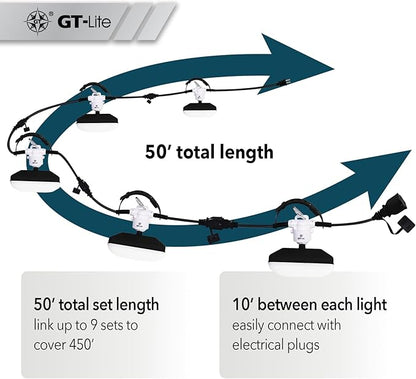 GT-Lite 50FT LED Work Light 7500 Lumen 75W LED Damp Location Construction String Lights Linkable for Jobsite Lighting, Adjustable, ETL Listed (5 Light Heads) (7500 Lumen)