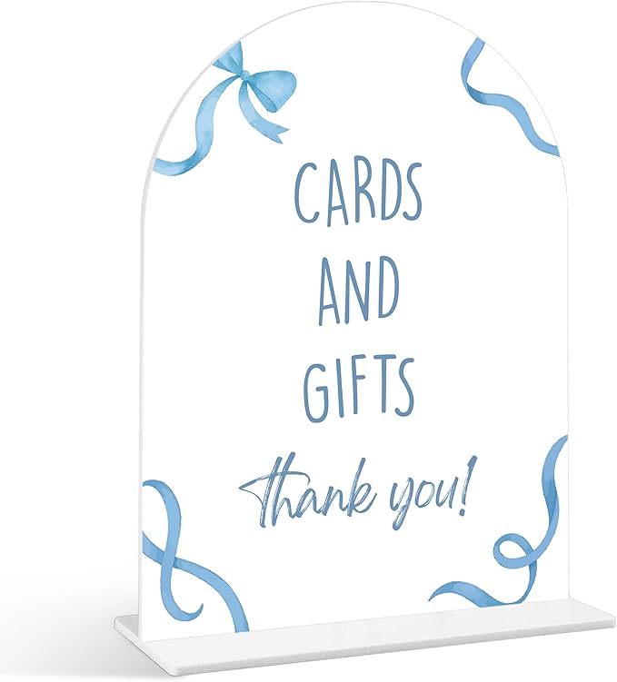 Cards and Gifts Sign - Blue Bow Baby Shower Sign, 1 Pack Arch Acrylic Sign with Stand, Gender Reveal Party Table Decor, Blue Baby Shower Supplies (SP09)