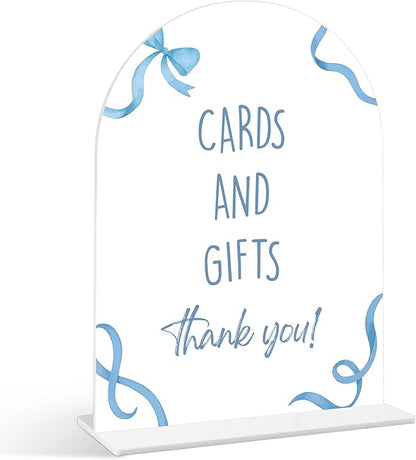 Cards and Gifts Sign - Blue Bow Baby Shower Sign, 1 Pack Arch Acrylic Sign with Stand, Gender Reveal Party Table Decor, Blue Baby Shower Supplies (SP09)