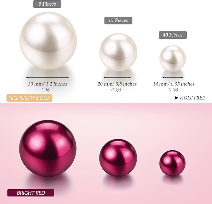 Hicarer 120 Pieces Pearl for Vase Filler Pearl Bead Vase Centerpieces Brush Holder Assorted Round Faux Bead for Crafting, Home Wedding Table Decor 14/20/30 mm(Creamy White, Bright Wine Red)