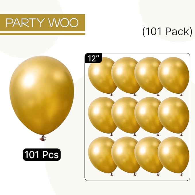 PartyWoo Gold Balloons 101pcs 12 Inch Gold Latex Helium Balloons for Birthday Wedding Anniversary Baby Shower Graduation Bachelorette Retirement Engagement Tea Casino Disco Party Decorations Gold-G101