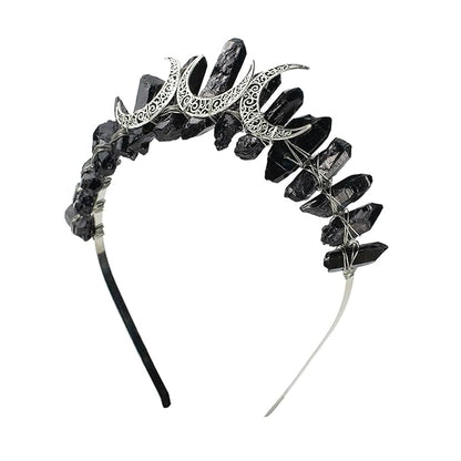 Black Natural Crystal Tiara Headband, Quartz Rhinestone Crown Goddess Halloween Masquerade Party Headwear for Women Girls