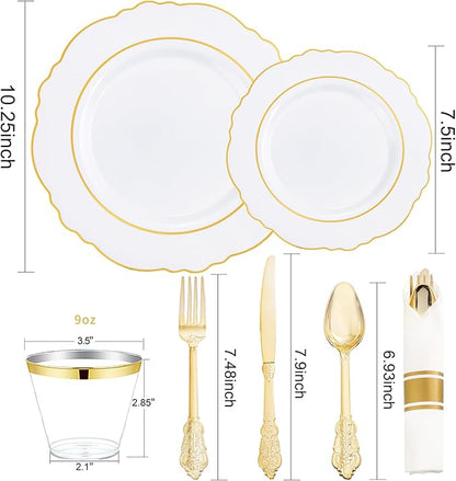 Liacere 350PCS Gold Plastic Plates-Disposable White and Gold Plates 50guest Baroque Plastic Dinnerware include 100Plates, 50Pack Pre Rolled Napkins with Silverware 50Cups for Wedding&Thanksgiving